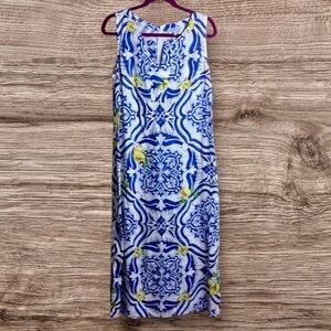 Idillio sleeveless blue and white floral lemon sleeveless maxi dress. Large.